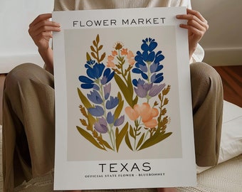 Texas State Flower Print, Texas Flower Market Print, Bluebonnet Art Print, Floral Art Print, Neutral Botanical Print, Digital Download