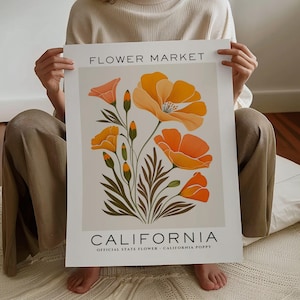 Impresión de flores del estado de California, impresión del mercado de flores de California, impresión de amapolas, impresión de arte floral para pared, impresión botánica neutra, descarga digital