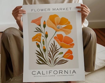 California State Flower Print, California Flower Market Print, Poppy Print, Floral Wall Art Print, Neutral Botanical Print, Digital Download