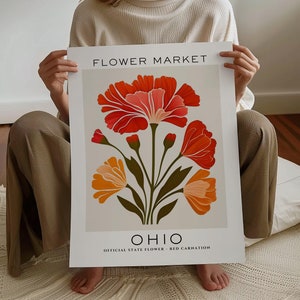 Impresión de flores del estado de Ohio, impresión del mercado de flores de Ohio, impresión de arte de clavel, impresión de arte floral, impresión botánica neutral, descarga digital