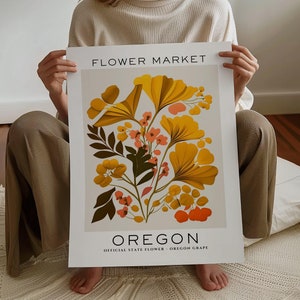 Impresión de flores del estado de Oregón, impresión del mercado de flores de Oregón, impresión artística de uvas de Oregón, impresión artística floral, impresión botánica neutra, descarga digital