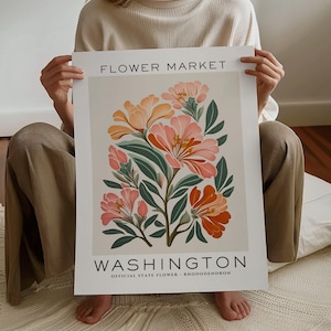 Impresión de flores del estado de Washington, Impresión del mercado de flores de Washington, Impresión artística de rododendros, Impresión artística floral, Botánico neutro, Descarga digital