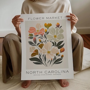 Impresión de flores del estado de Carolina del Norte, impresión del mercado de flores de Carolina del Norte, impresión artística de cornejo, impresión floral, botánico neutro, descarga digital