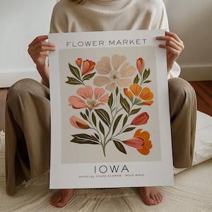 Impresión de flores del estado de Iowa, impresión del mercado de flores de Iowa, impresión de arte de rosas silvestres, impresión de arte floral, impresión botánica neutral, descarga digital