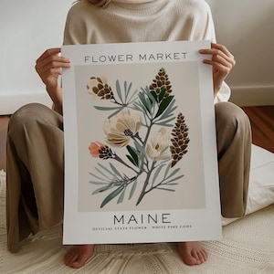 Maine State Flower Print, Maine Flower Market Print, Pine Cone Art Print, Floral Art Print, Neutral Botanical Print, Digital Download