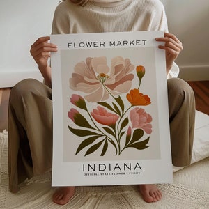 Impresión de flores del estado de Indiana, Impresión del mercado de flores de Indiana, Impresión artística de peonías, Impresión artística floral, Impresión botánica neutra, Descarga digital