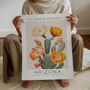 Arizona State Blumendruck, Arizona Blumenmarkt Kunstdruck, Saguaro Kaktus Druck, Blumenwandkunst, Neutrale botanische Kunst, digitaler Download