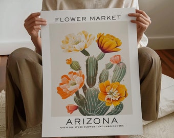 Arizona State Flower Print, Arizona Flower Market Art Print, Saguaro Cactus Print, Floral Wall Art , Neutral Botanical Art, Digital Download