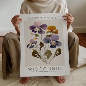 Impresión de flores del estado de Wisconsin, impresión del mercado de flores de Wisconsin, impresión de arte violeta, impresión de arte floral, impresión botánica neutral, descarga digital