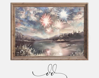 Arte de parede de 4 de julho, fogos de artifício sobre o lago, decoração de parede patriótica, dia da independência, Memorial Day, vintage, americano, digital, download 241067-5