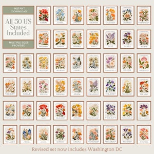 Paquete de impresiones de flores estatales, impresión de arte mural de los 50 estados de EE. UU., impresión artística del mercado de flores, impresión floral, impresión artística botánica neutra, descarga digital