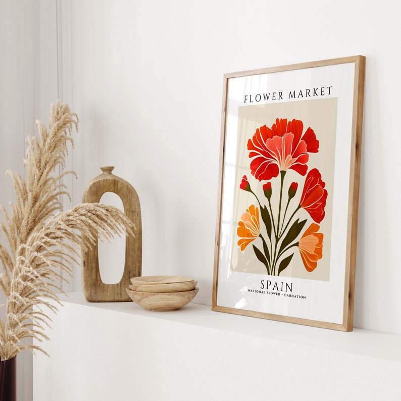 Spain Flower Market Print, Botanical Wall Art, Spain Flower Market Poster, Spain National Flower Print, Spain Travel Art, Carnation Print image 4