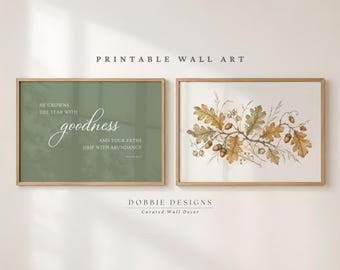 Christian Thanksgiving Wall Art Set of 2 Psalm 65:11 Scripture Print Fall Botanical Art Acorn Leaf Printable Decor for Dining Room 260150D
