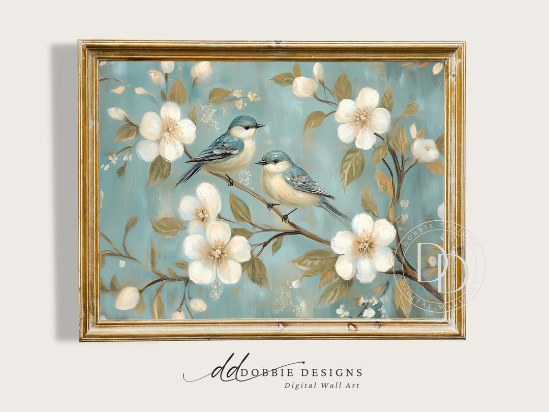 Blue Bird Wall Art Print Spring Floral Painting Cottagecore Botanical ...