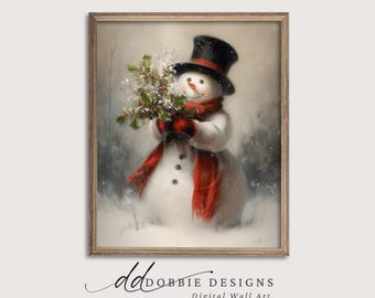 Vintage Snowman Wall Art Christmas Snowman Print with Red Scarf Winter Holiday Art Print Decoration Moody Winter Printable 251072-22V