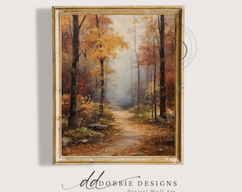 Rustic Fall Forest Wall Art Moody Autumn Painting Vintage Autumn Print Landscape Painting  Woodland Path Autumn Cottagecore Printable 251062