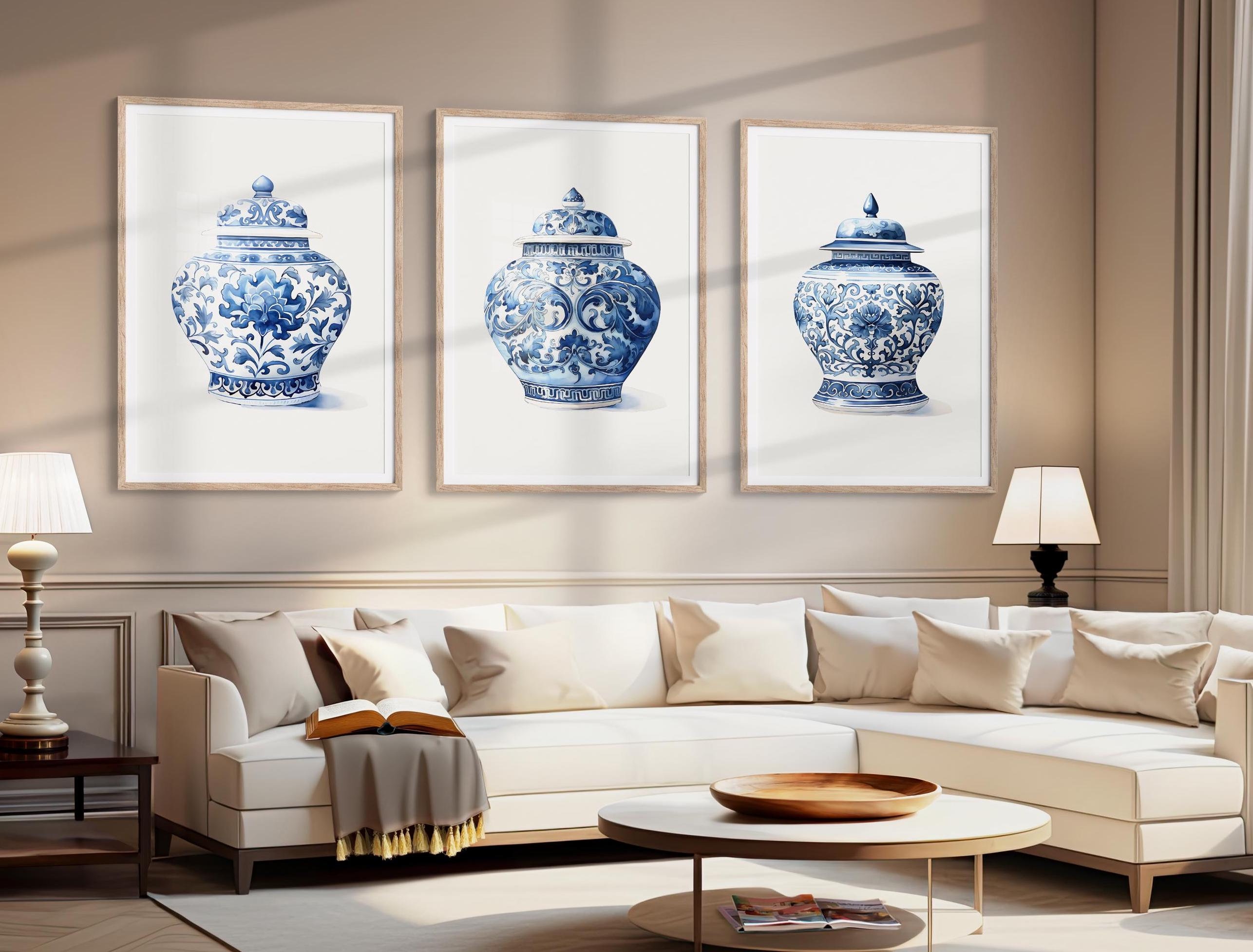 Blue Chinoiserie Ginger Jar Set of 3 Prints, Porcelain Vase Wall Art, Classic Blue and White Decor, Vintage Blue Floral Print, Delft Blue