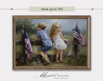 Vintage patriottische muurkunst Fourth of July decor Americana kinderen schilderij rustieke boerderij kinderen met vlaggen zomer boerderij decor 251028-1