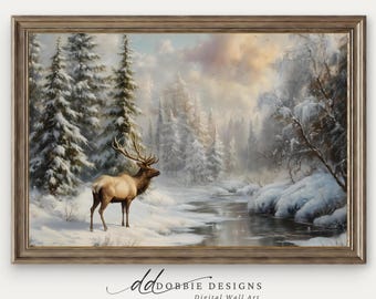 Winter Deer Landscape Wall Art Rustic Woodland Print Snowy Forest ...