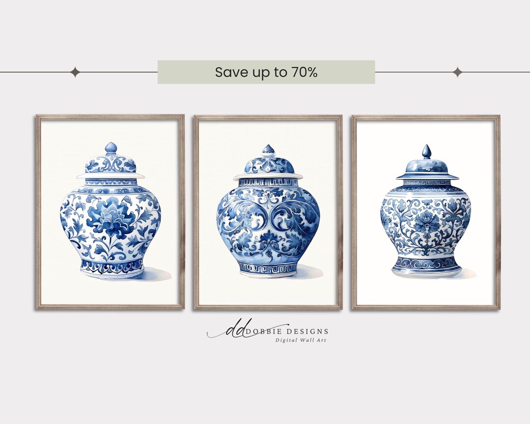 Blue Chinoiserie Ginger Jar Set of 3 Prints, Porcelain Vase Wall Art ...