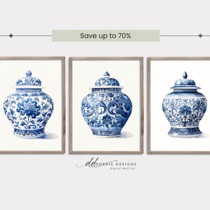 May include: Three framed prints featuring blue and white porcelain ginger jars with lids. The jars have intricate floral patterns and are set against a white background. The text "Save up to 70%" is at the top.