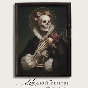 Ritratto di donna con scheletro gotico, stampa floreale con teschio, alone scuro, decorazioni per Halloween, arte digitale barocca, estetica Whimsigoth 251047-16