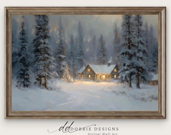 Cozy Winter Cabin Wall Art Rustic Christmas Snow Scene  Holiday Digital Download Vintage Holiday Decorating 251072-3