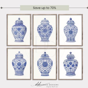 May include: Six framed prints of blue and white decorative vases with lids. The vases feature intricate floral patterns. The prints are displayed on a light background, with the text "Save up to 70%" at the top.