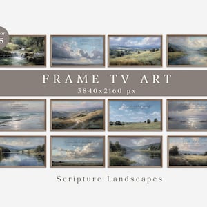 May include: Set of 25 framed landscape art prints. Each print features a serene outdoor scene with a scripture quote. The art includes images of rivers, fields, and skies, all in a vintage style. The text "FRAME TV ART" is also visible.