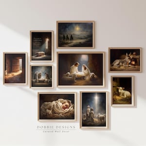 May include: A gallery wall set of eight framed prints featuring nativity scenes, including a manger, the holy family, shepherds, a donkey, and a lamb, all displayed in light wood frames with the text DOBBIE DESIGNS Curated Wall Decor below.