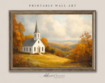 Country Church Wall Art Printable Autumn Landscape Painting Rustic Farmhouse Fall Decor Christian Chapel Digital Download 251065-1