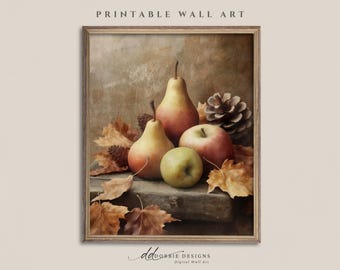 Vintage Fruit Still Life Print Rustic Pear and Apple Painting Fall Harvest Kitchen Decor Moody Autumn Wall Art Printable 241079-6