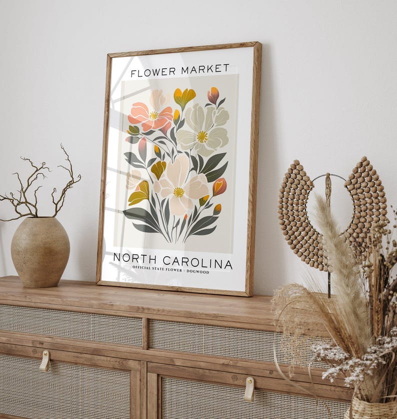May include: A printable art print featuring a floral design with pink, white, and yellow flowers. The print has the text "FLOWER MARKET" at the top and "NORTH CAROLINA OFFICIAL STATE FLOWER - DOGWOOD" at the bottom.