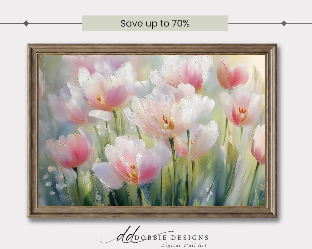 Pink Tulip Wall Art Soft Floral Painting Romantic Spring Decor Vintage ...