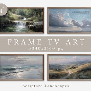 May include: Set of four framed landscape art prints. Each print features a different serene scene: a waterfall, a cloudy sky, a beach, and a hillside path. Each print includes a scripture quote. The text "FRAME TV ART" is also visible.