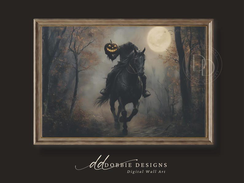 Headless Horseman Wall Art Sleepy Hollow Vintage Halloween Decor Dark Academia Moody Autumn Painting Pumpkin Head Poster 241077-10 image 2
