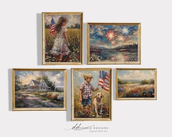 Stampe in stile vintage americano, set di 5 quadri patriottici per la decorazione murale, ideali per il 4 luglio, in stile cottage, fattoria o galleria d'arte. Codice articolo: 241067.