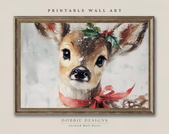 クリスマス鹿のウォールアート ヴィンテージ子鹿の絵画 赤いリボンとヒイラギ付き かわいいホリデーアニマルプリント 印刷可能な装飾 251072-23