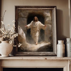 May include: A framed religious painting depicts a figure in white robes emerging from a cave, arms outstretched. The painting is set on a white mantelpiece, accompanied by a white vase with floral branches and two ceramic jars.