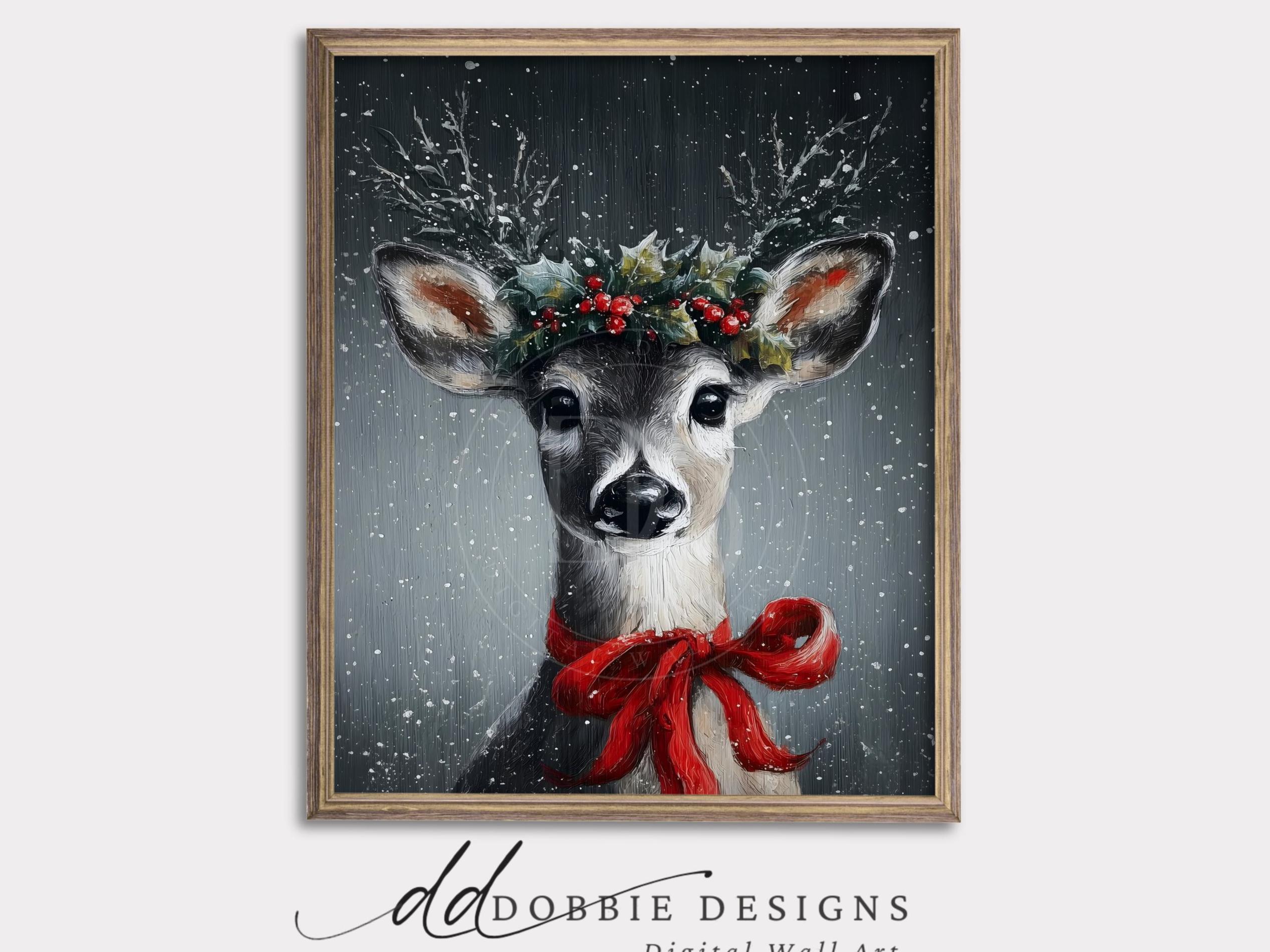 Christmas Deer Wall Art Printable Holiday Reindeer Portrait With Red ...