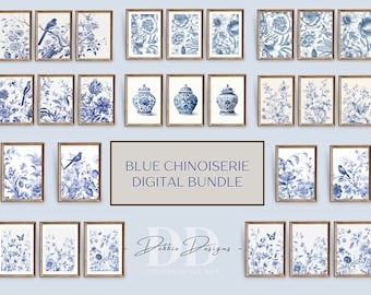 Blue Chinoiserie Bundle, Chinoiserie Wall Art, Vintage Blue Floral Print, Chinoiserie Wall Decor, Blue and White Wall Art, Housewarming Gift