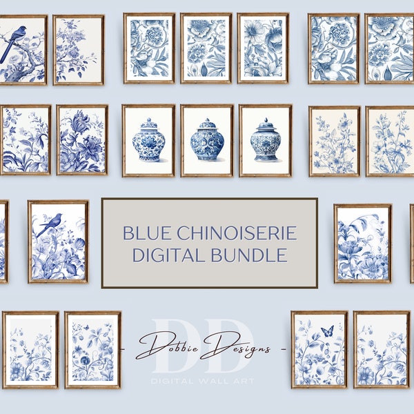 Blue Chinoiserie Bundle, Chinoiserie Wall Art, Vintage Blue Floral Print, Chinoiserie Wall Decor, Blue and White Wall Art, Housewarming Gift