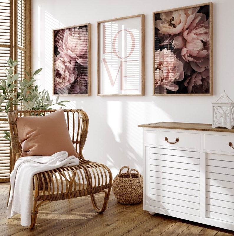 Romantic Love Floral Wall Art Set, Blush Pink Peony Prints, Modern Home ...