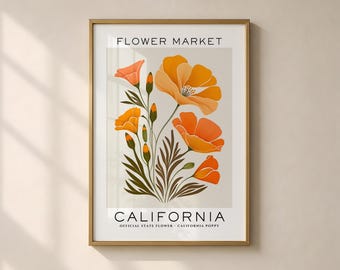 California State Flower Print, California Flower Market Print, Poppy Print, Floral Wall Art Print, Neutral Botanical Print, Digital Download