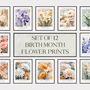 Lot de 12 fleurs pour le mois de naissance, oeuvre d'art murale florale neutre, cadeau pour le mois de naissance, impression du mois de naissance, impression du marché aux fleurs, impression de fleurs de naissance image 1