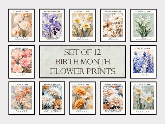 Birth Month Flower Bundle Set of 12, Neutral Floral Wall Art, Birth Month Gift, Birth Month Print, Flower Market Print, Birth Flower Print