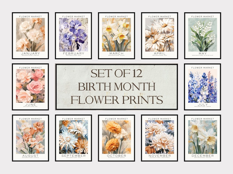 Lot de 12 fleurs pour le mois de naissance, oeuvre d'art murale florale neutre, cadeau pour le mois de naissance, impression du mois de naissance, impression du marché aux fleurs, impression de fleurs de naissance image 1