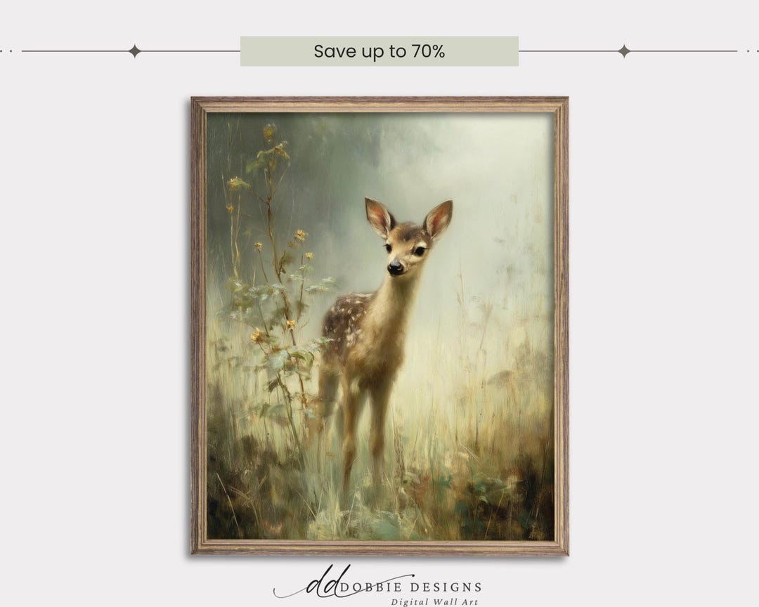 Vintage Fawn Wall Art Woodland Deer Print Soft Forest Animal Painting ...