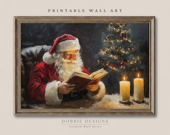 Santa Reading Book Print Vintage Santa Claus Painting Cozy Christmas Wall Art Candlelit Holiday Library Decor Printable 241082-27