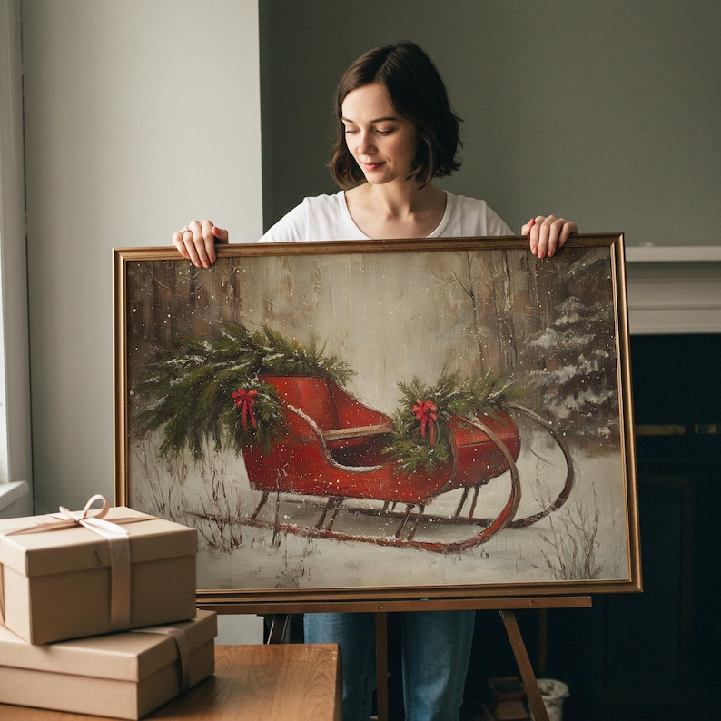 May include: A framed painting of a red sleigh decorated with evergreen boughs and red bows, set in a snowy forest scene. The artwork has a gold frame and evokes a winter holiday theme.